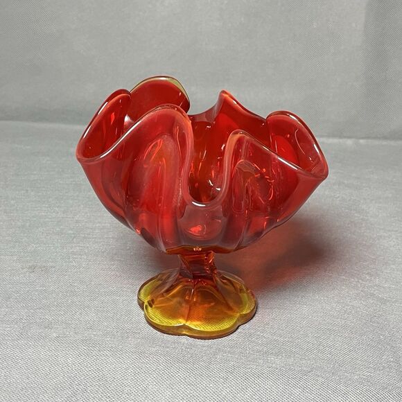 Vtg 70s L E Smith Amberina Glass Footed Pedestal Bowl Handkerchief 6 Finger Vase - Picture 6 of 10